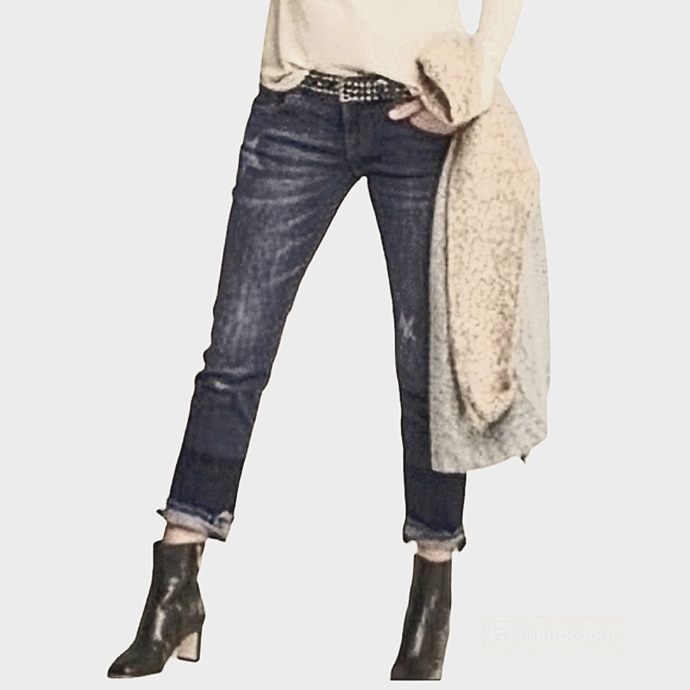 Cabi Slim Boyfriend Jeans Size 2 Star Print Low Rise Frayed Hem Dark Wash